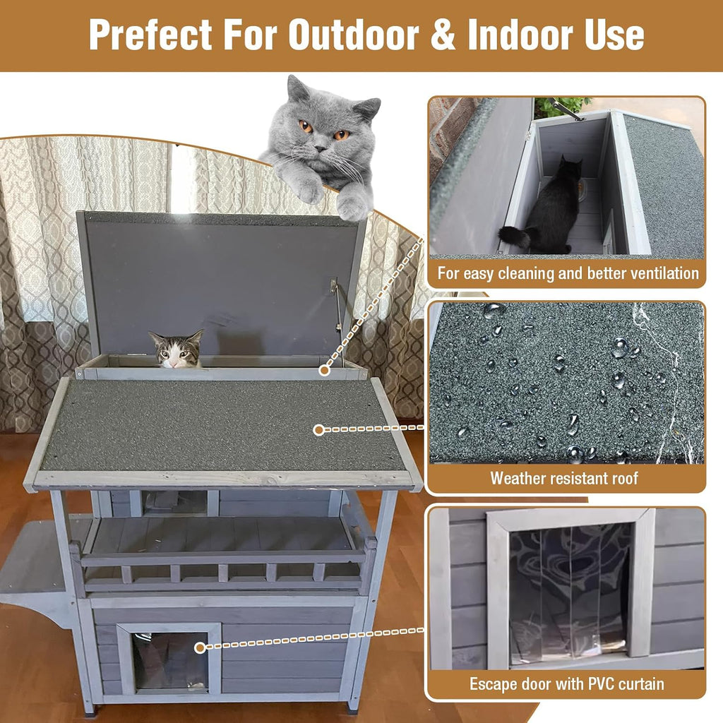 Outdoor Cat House Weatherproof 2 Story Wooden Feral Cat Shelter Easy Clean
