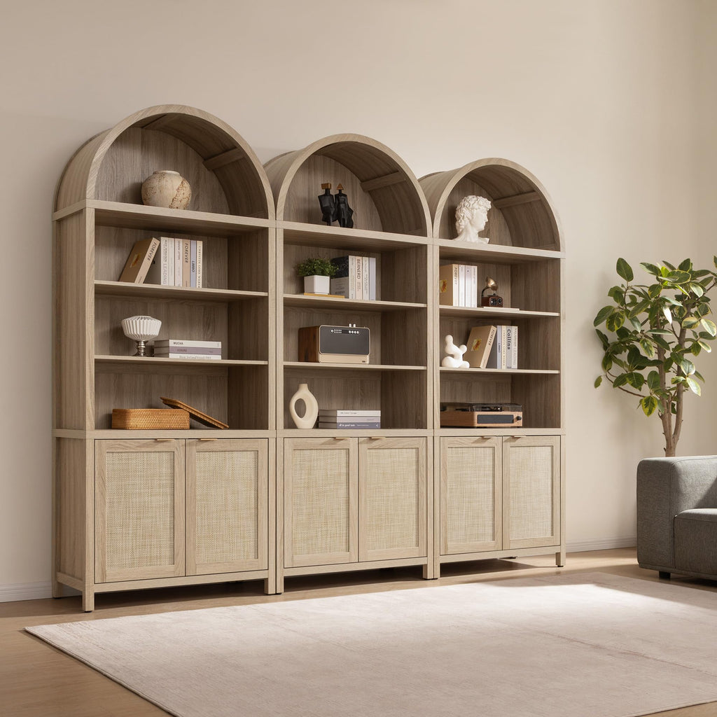 84.2" Tall Arched Bookcase with Doors - 5 Tier Rattan Bookshelf
