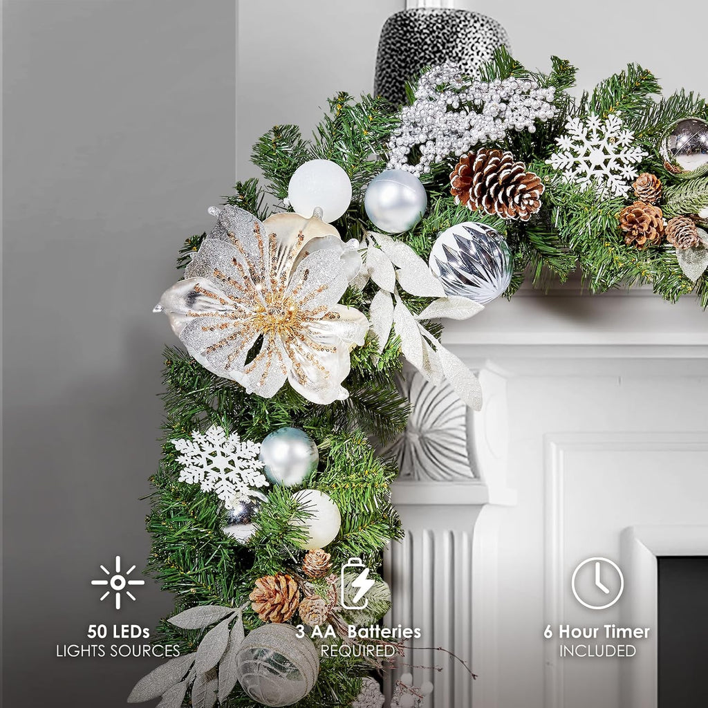 Pre-lit 9 Feet/108 Inch Christmas Garland, White & Silver Lighted Garland with 50 LED Lights for Indoor Outdoor Xmas