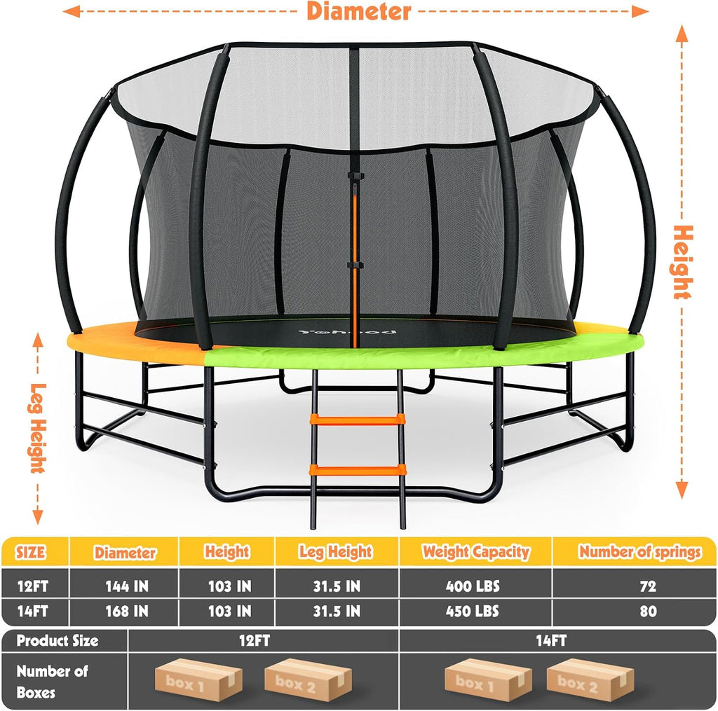 Trampoline Outdoor 12FT 14FT, Recreational Trampolines with Enclosure Net and Ladder, ASTM Approved for Kids and