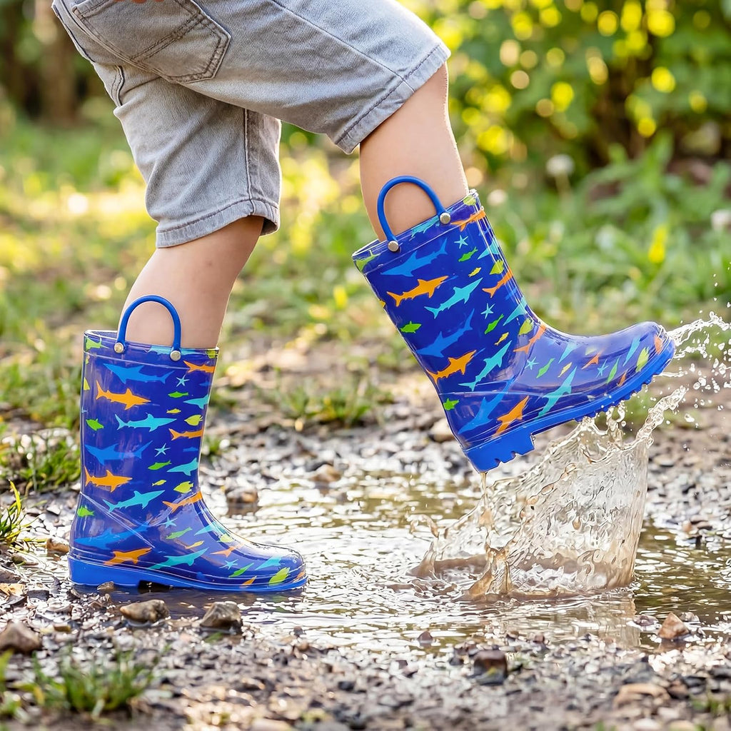 Kids Rain Boots for Boys Rain Boots Dinosaur Shark Rainboots Toddler Boy Waterproof Lightweight Easy-On Handles