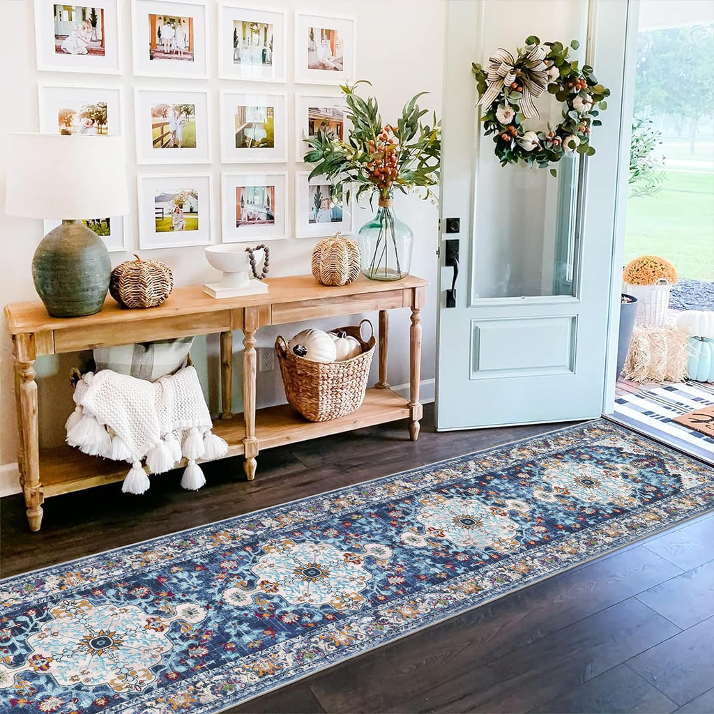 2'x14' Boho Hallway Runner Rug Non Slip Washable Runners, Blue