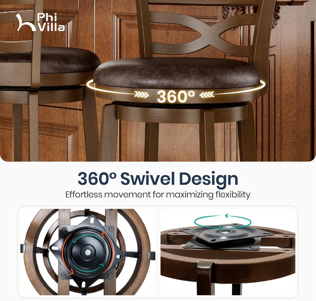 30 inch Bar Height Stools Set of 4, Swivel Bar Stools with Back, Wooden Bar Chairs Tall Faux Leather Kitchen Stools