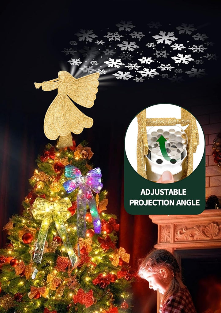 Tree Topper Lighted with 6 Projection Modes, Gold Christmas Angel Tree Topper Built-in LED Rotating Light, 3D Glitter