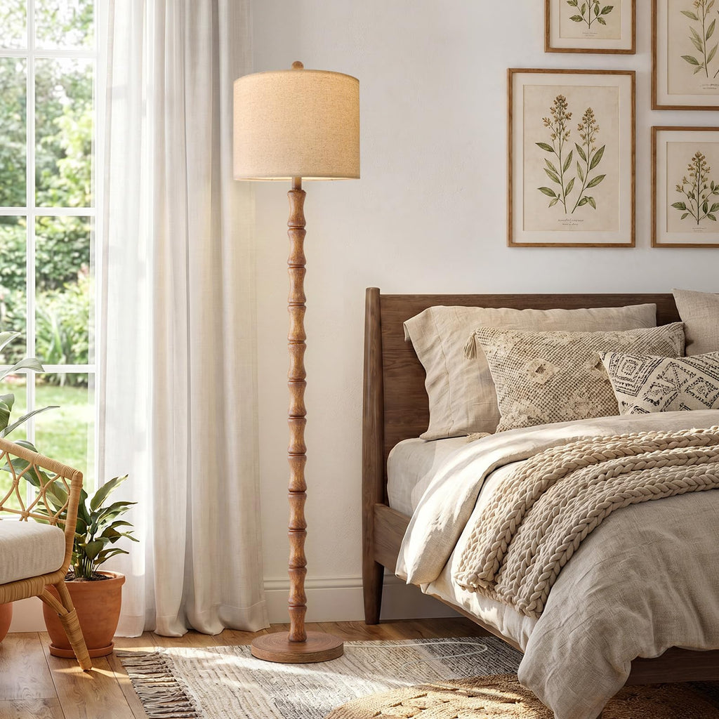62" Farmhouse Floor Lamp, Rustic Standing Lamp with Linen Shade and Rotary Switch, Resin Corner Floor Lamp Decor