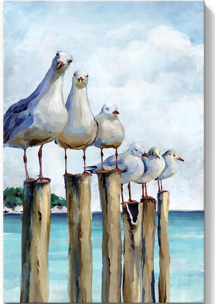Coastal Seagull Canvas Wall Art , Teal Ocean Beach Sea Birds Canvas Print, Nautical Decor Bedroom Living Room, Ready