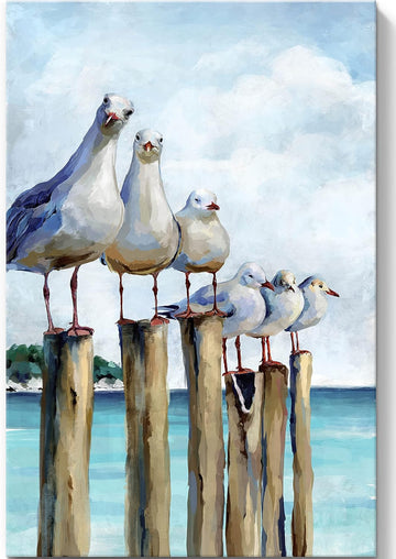 Coastal Seagull Canvas Wall Art , Teal Ocean Beach Sea Birds Canvas Print, Nautical Decor Bedroom Living Room, Ready