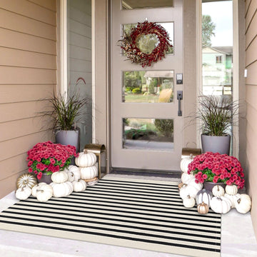 3x5 Striped Outdoor Rug, Washable Front Porch, Black Beige