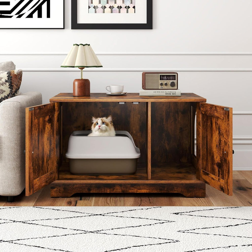 Cat Litter Box Enclosure, Modern Hidden Litter Box Furniture with Double Doors, Side Entry, Cat House, Side End
