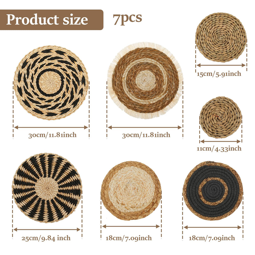 Boho Woven Wall Basket Decor, 7 Pcs Round Hanging Basket, Rustic Flat Elegant Wall Art, Seagrass Rattan Wicker Dining