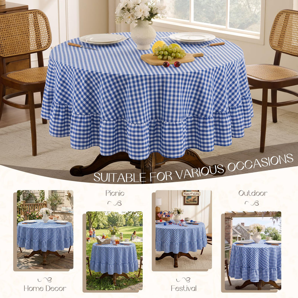 Gingham Ruffled Round Tablecloth, 70 Inch, Blue