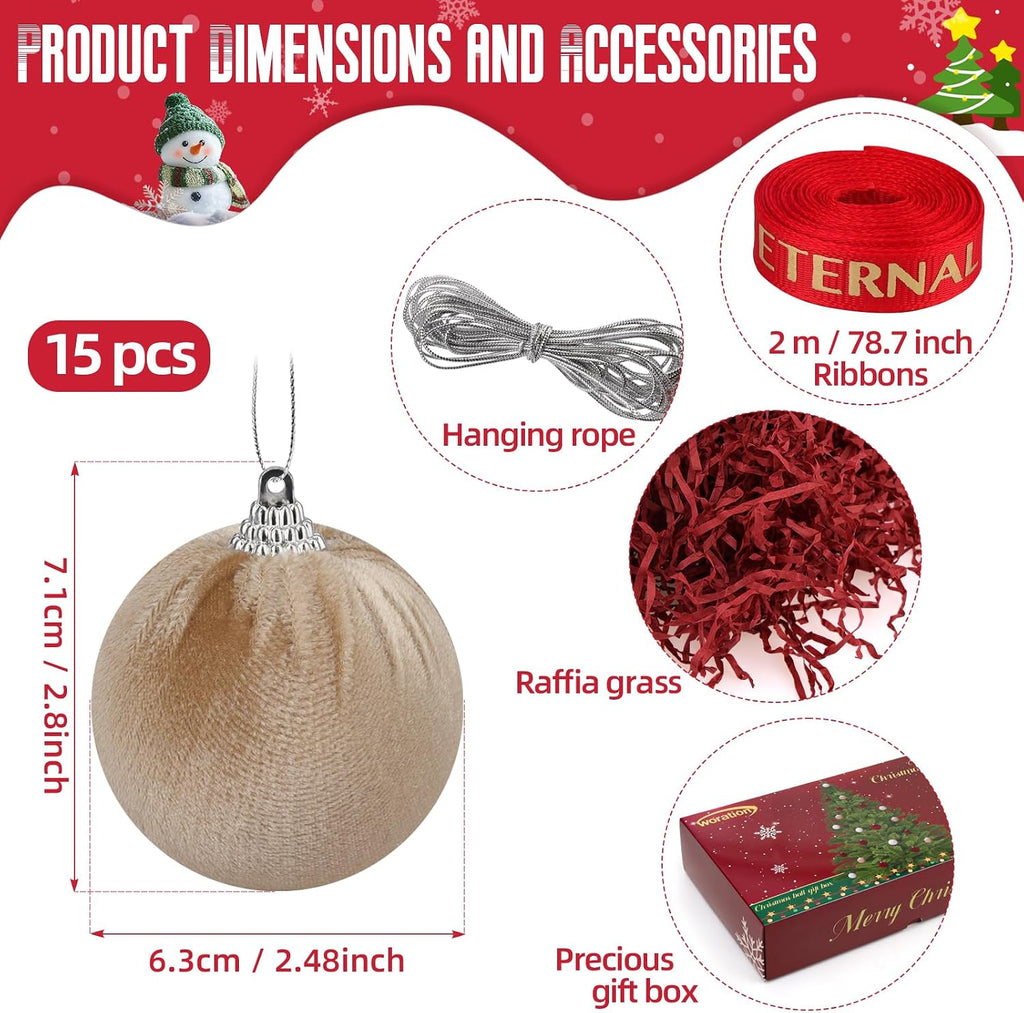 15pcs Christmas Velvet Ball Ornaments Flocked Xmas Tree 2.36inchs Small Shatterproof Hanging Ball Decoration for