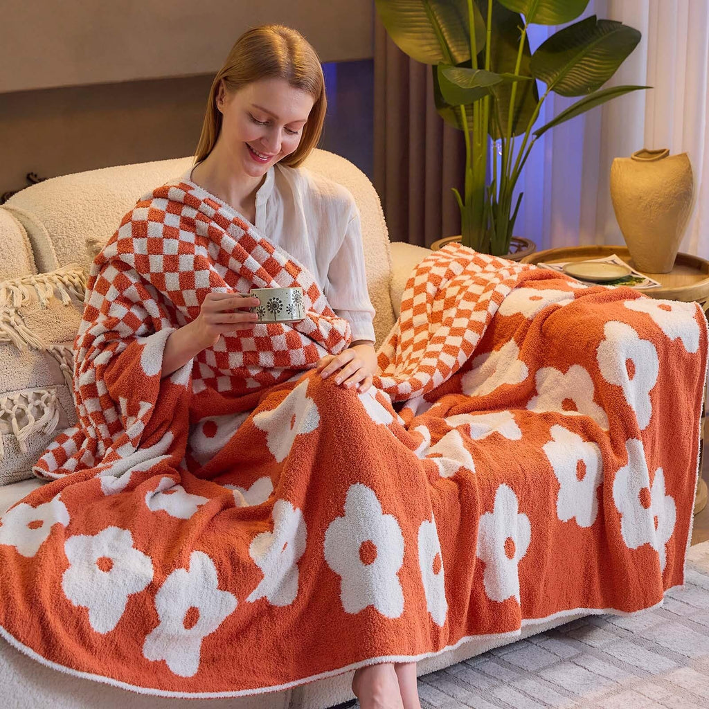 Checkered Throw Blanket, Orange Flower Blanket for Couch, 50"x60" Soft Plaid Knit Blanket Decor, Reversible