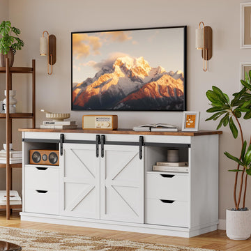 58" Farmhouse TV Stand for TVs up to 65", 4 Drawers, Milk White