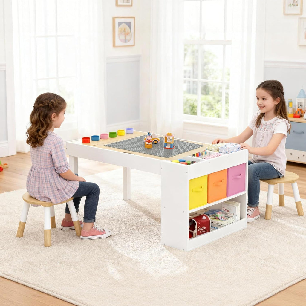 Kids Art Table and 2 Chairs Set, Wooden Craft Desk with Storage Shelves, 3 Storage Bins & Paper Roll for Drawing