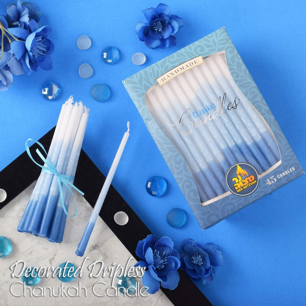 Dripless Chanukah Candles, Decorated Ombre Blue & White Hanukkah Candles Fits Most Menorahs, Premium Quality Wax - Set of 45