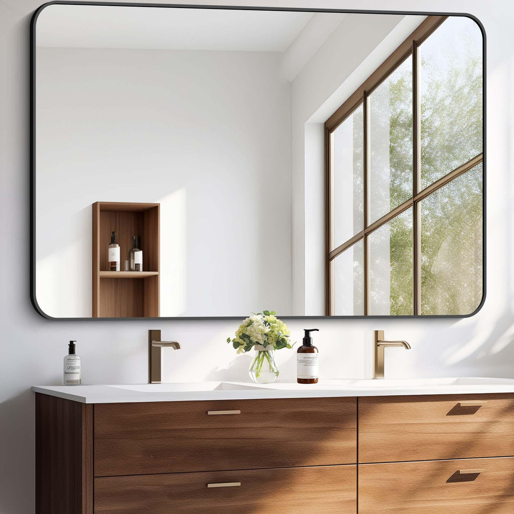 Large Bathroom Mirror, 60 x 40 inch Black Rectangle Mirror, Metal Framed Rectangular Vanity Mirror, Rounded Corner