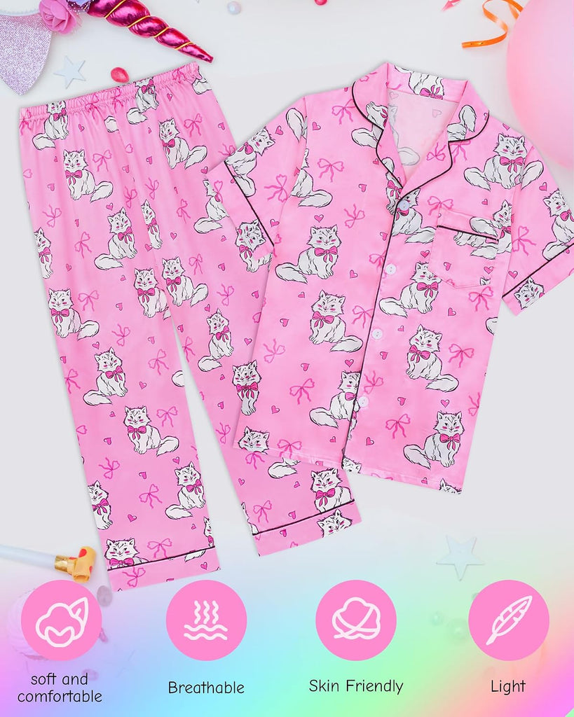 Girls Satin Pajamas Silk PJS Set Rainbow Unicorn Sleepwear Short Sleeve Long Pants Jammies for Toddler Kids