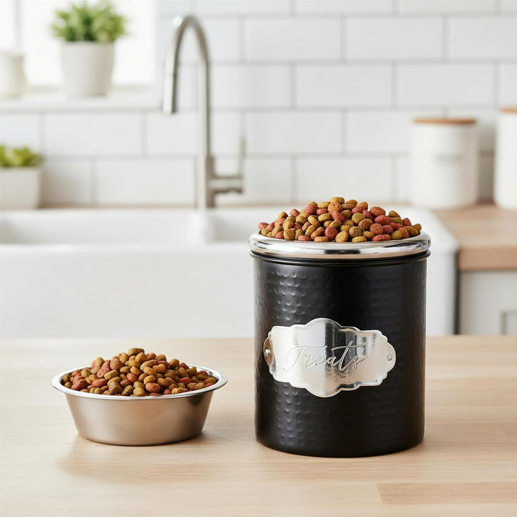 Pet Cavalier Metal Canister Treats Jar, 40 Fluid Ounces, Black and Silver