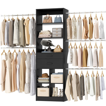 Closet System, 4-8 FT Closet Organizer Tower with 2 Wooden Drawers and Shelves, Can Fit 60 to 96 inch Walk-in Closet