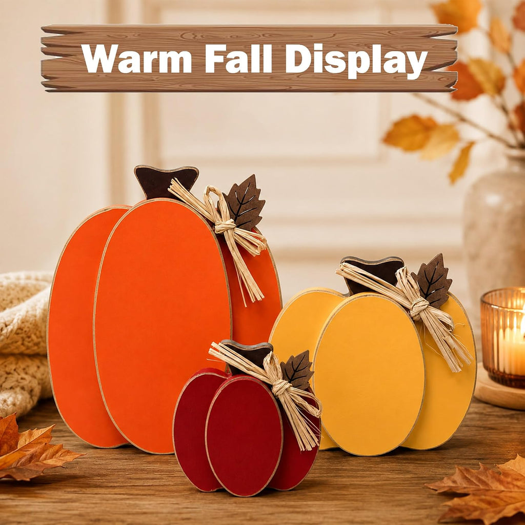 Wooden Pumpkin Fall Decor, 3-Piece Indoor Fall Decorations, Rustic Harvest Autumn Thanksgiving Pumpkin Signs - Set of 3