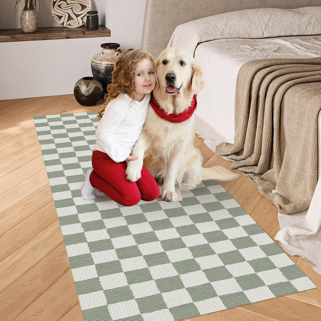 Washable Hallway Runner Rug Sage Green Rug Checkered Geometry Neutral Line Non-Slip Soft Long Carpet Kitchen