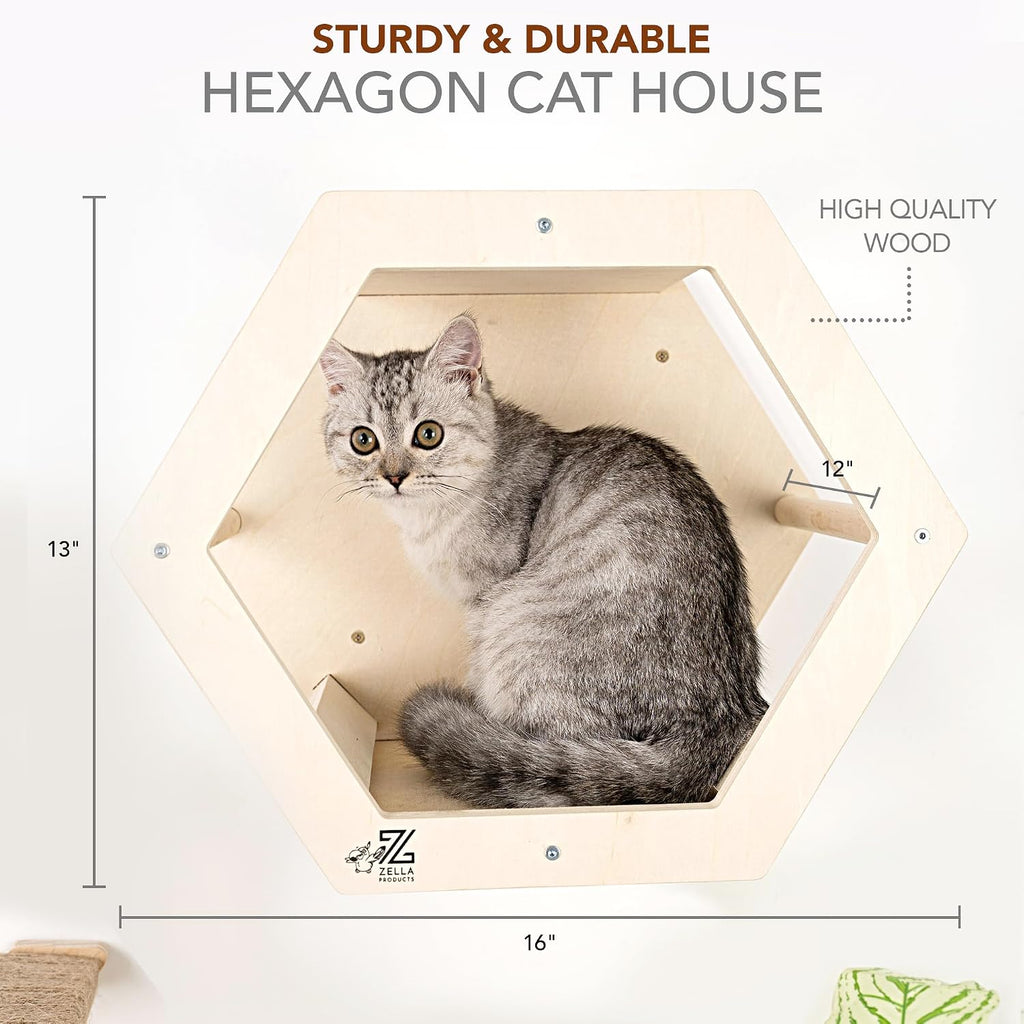 3-Piece Cat Wall Furniture Set: Hammock, Hexagon House & Climbing Steps, Wall-Mounted Wooden Shelves for Indoor Cats