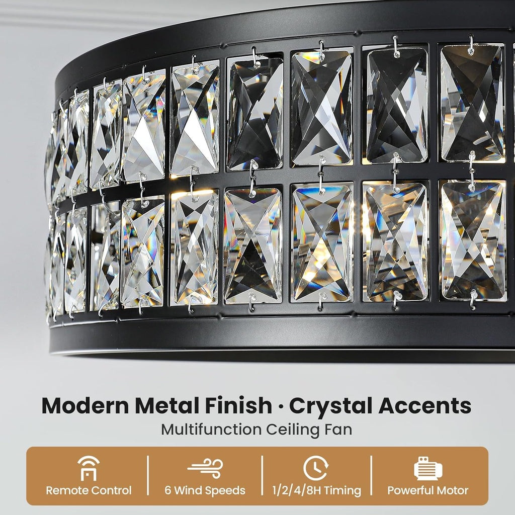 Black Caged Ceiling Fan with Light and Remote 19 Inch Modern Crystal Fandelier Ceiling Fan with Light Semi Flush