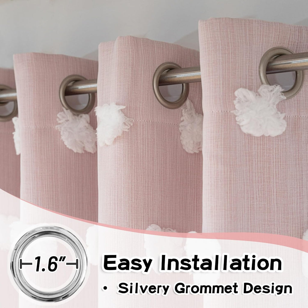Grey Curtains 63 Inch Long Curtains for Kids Room Double Layer Nursery Curtains White Pom Pom Sheer Dining Room
