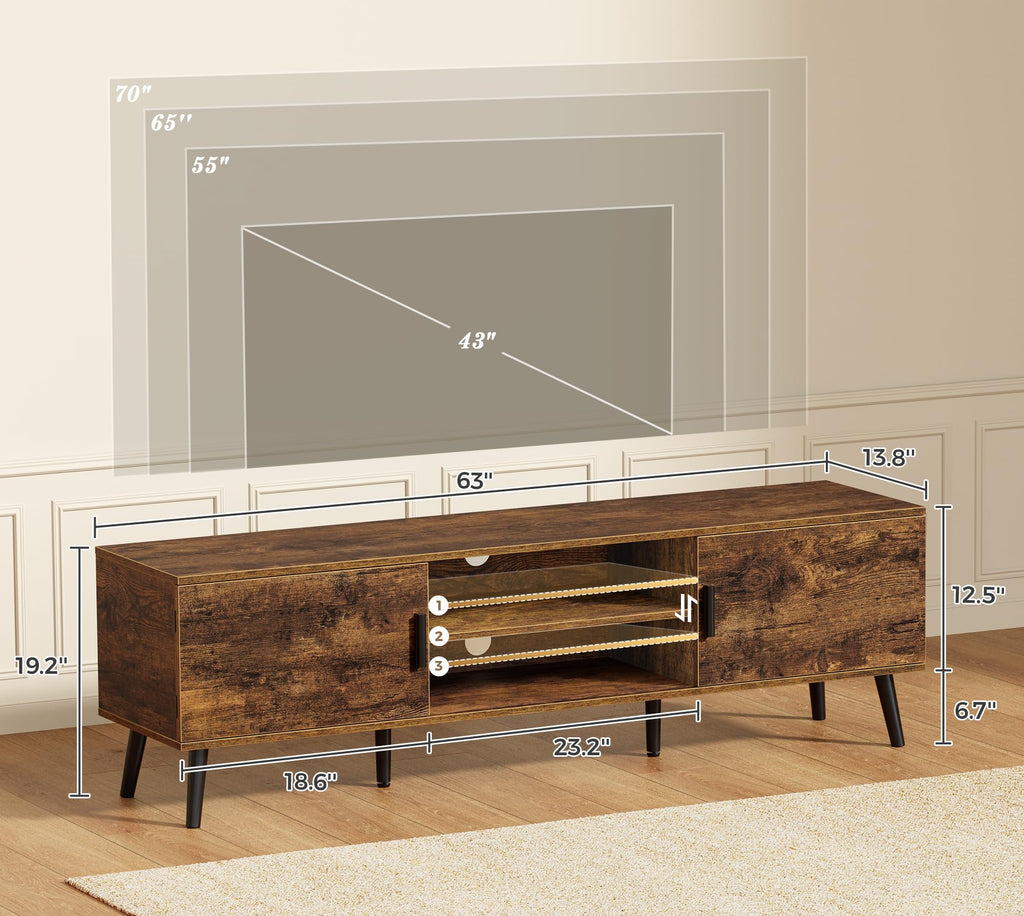 TV Stand for 55, 65 Inch TV, 63 Inch Entertainment Center with Adjustable Shelf, 2 Cabinets, TV Console Table, Media