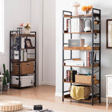 Adjustable 6 Tier Open Bookcase, Rustic Farmhouse Book Shelves, Industrial Wood and Black Metal Bookshelves