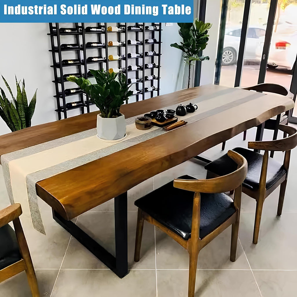 Industrial Solid Wood Dining Table, Rectangle Live Edge Kitchen Table, Rustic Pine Table Top & Metal Base, Large Long