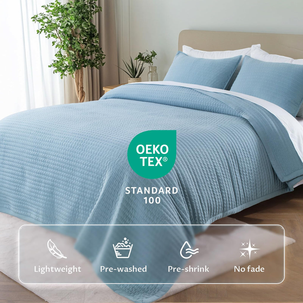 Oversized Queen Quilt Set 102x106, Soft Washed 3-Layer Lightweight
