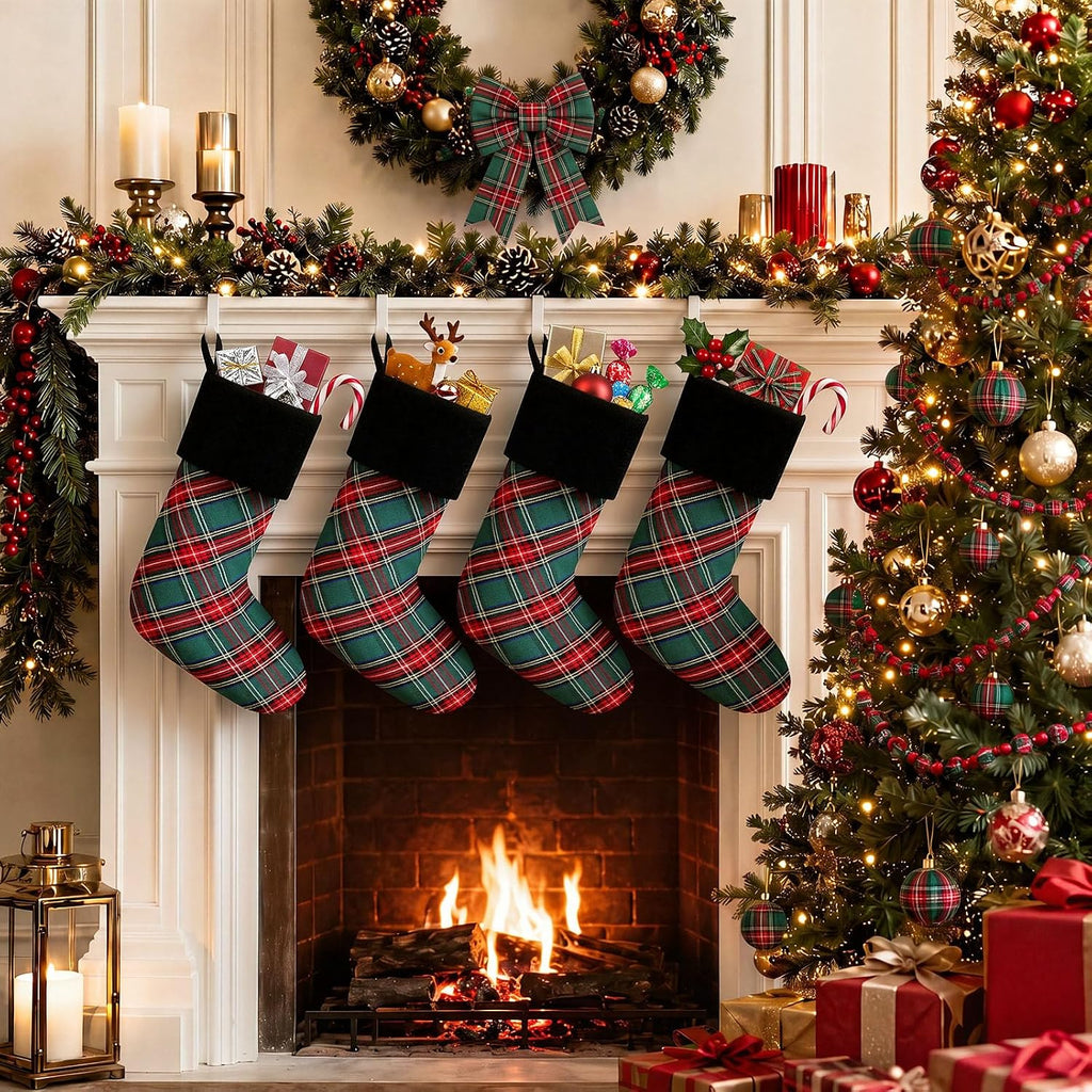 4 Pcs Tartan Plaid Christmas Stockings with Velvet Cuff 18", Green