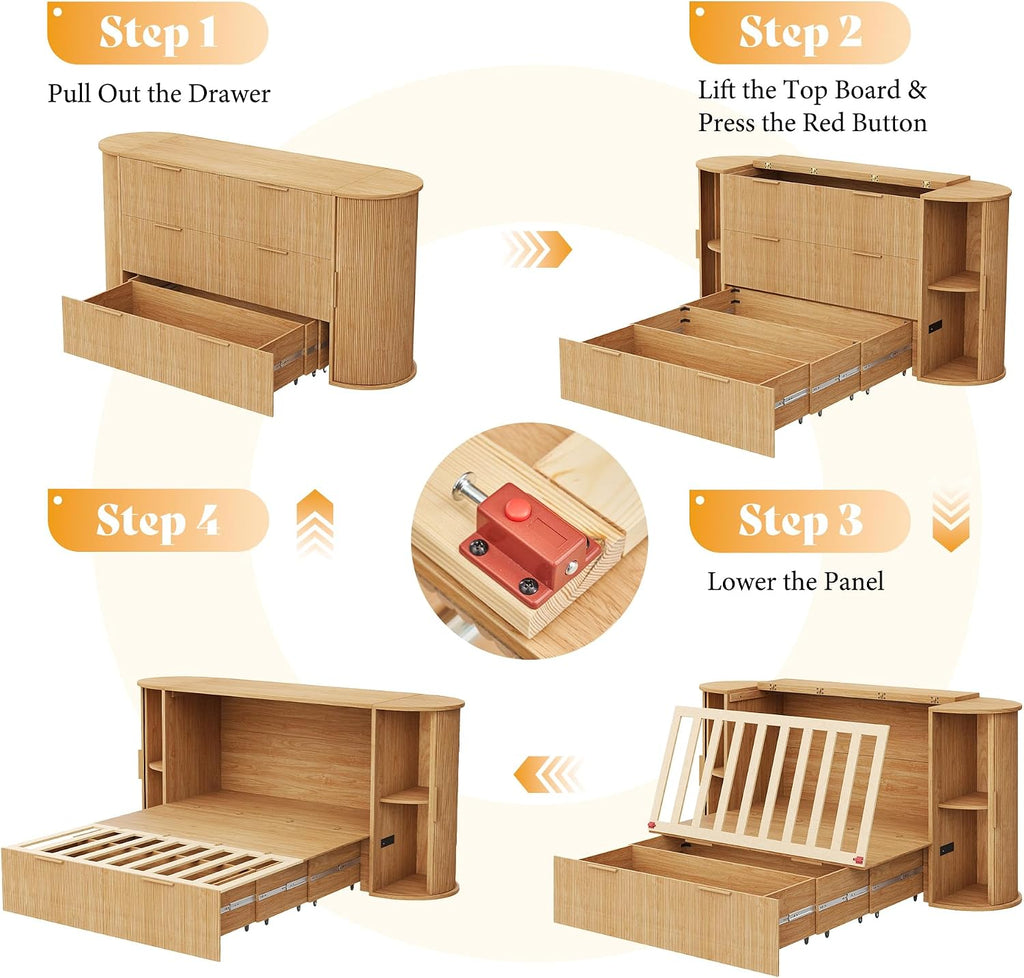 Queen Murphy Bed with Storage Bedside Shelves & Sliding Tambour Door, Modern Cabinet Bed with Charging Station &