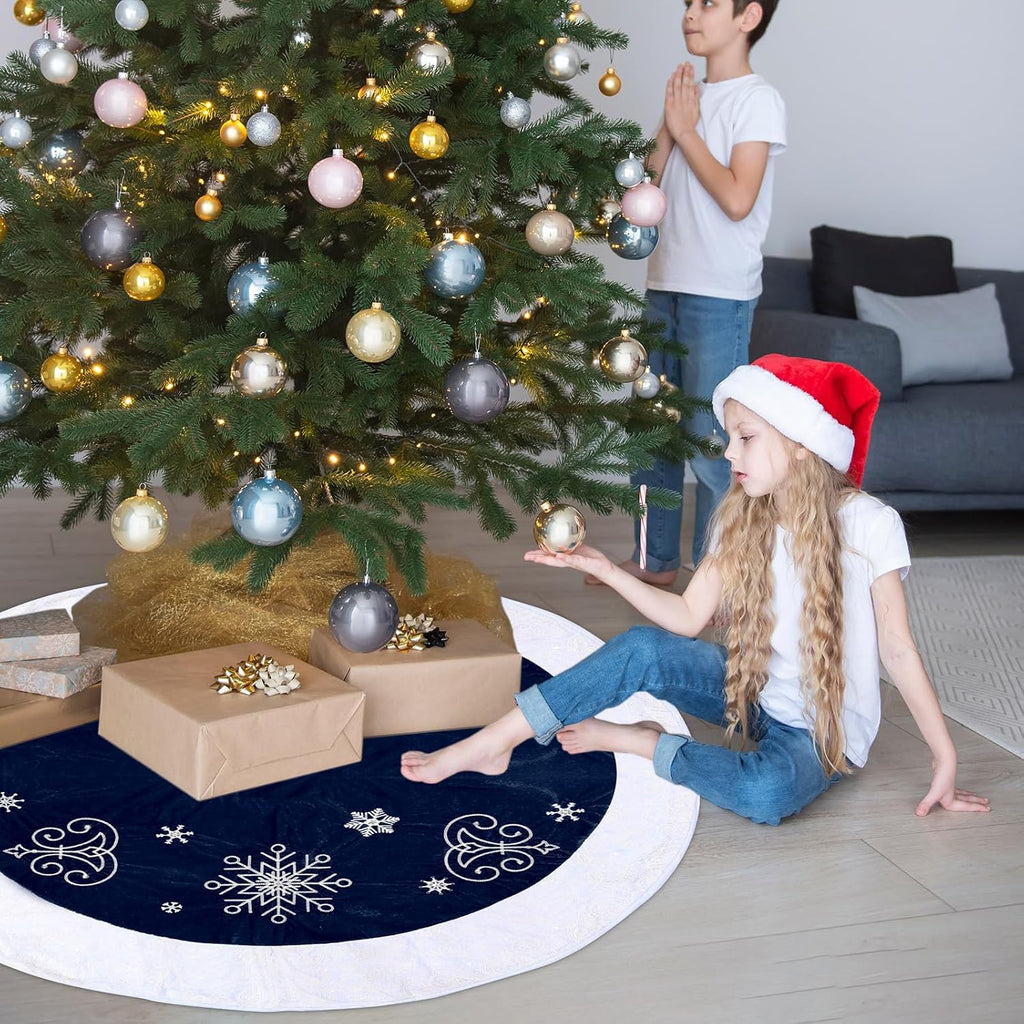 48inch Christmas Tree Skirt Navy Blue Luxury Velvet Plush Fur Skirts Snow Sequin Embroidery Tree Skirts with White