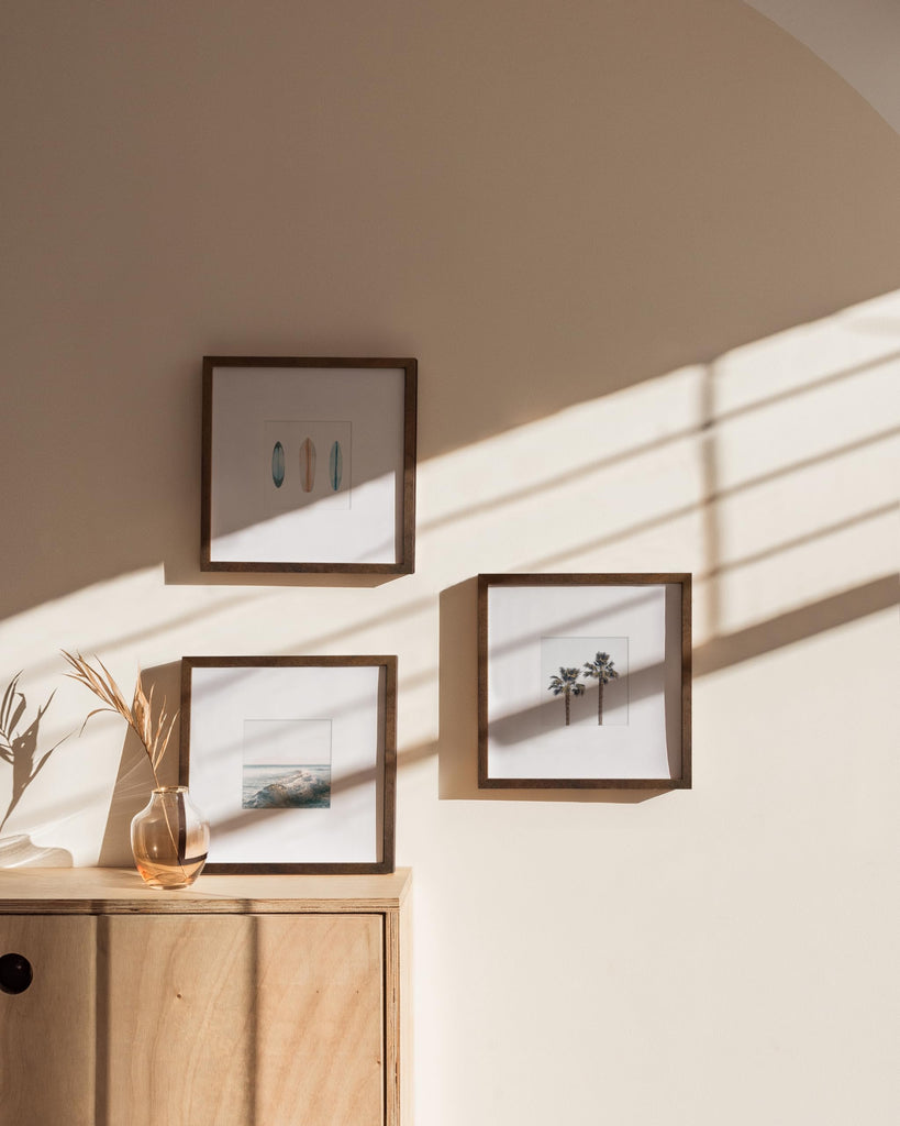 Walnut Oak Wood 10x10 Picture Frames - Set of 3, Square Frames with Mat, Minimalist Frames for Wall Art and Prints