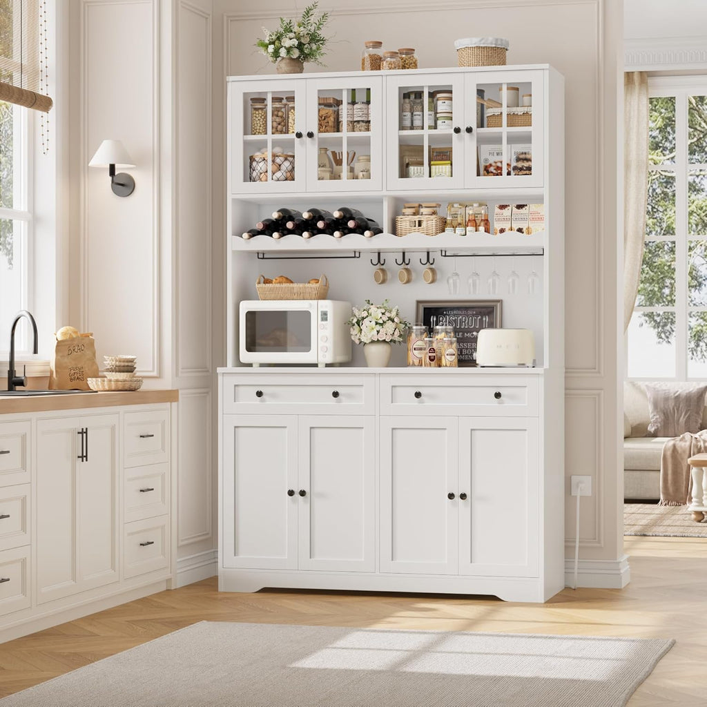 75" Kitchen Pantry Storage Cabinet, Coffee Bar Hutch Cabinet, White | Tall Pantry Cabinet with Charging Station /