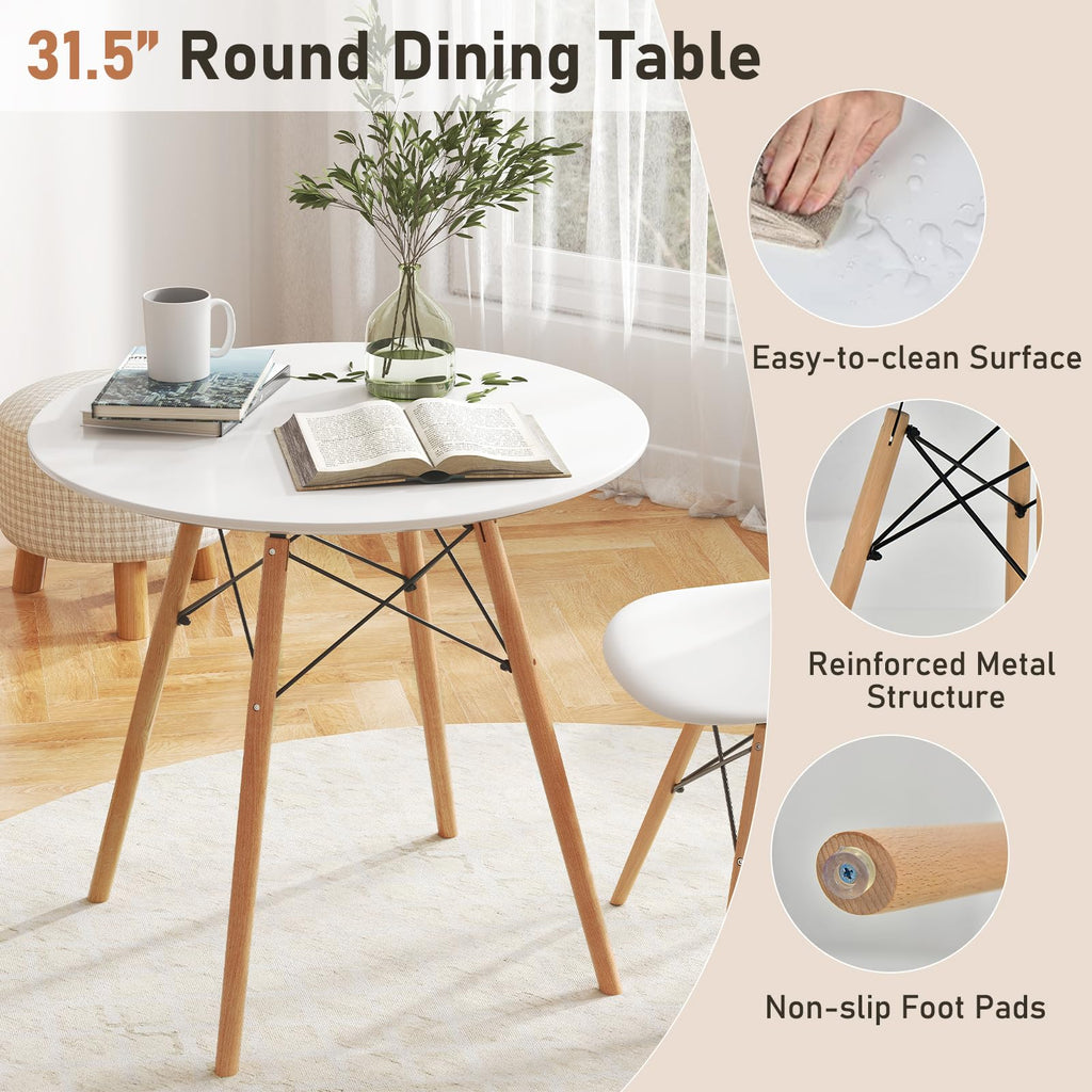 Round Dining Table Set for 4, Modern Circle Kitchen Table & 4 Chairs with Ergonomic Seats and Solid Wood Legs