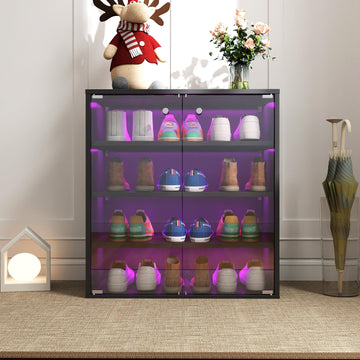 4 Layers LED Shoe Storage Box, Stackable Shoe Cabinet Case with Glass Doors and LED Lights, Wooden Display Shoes