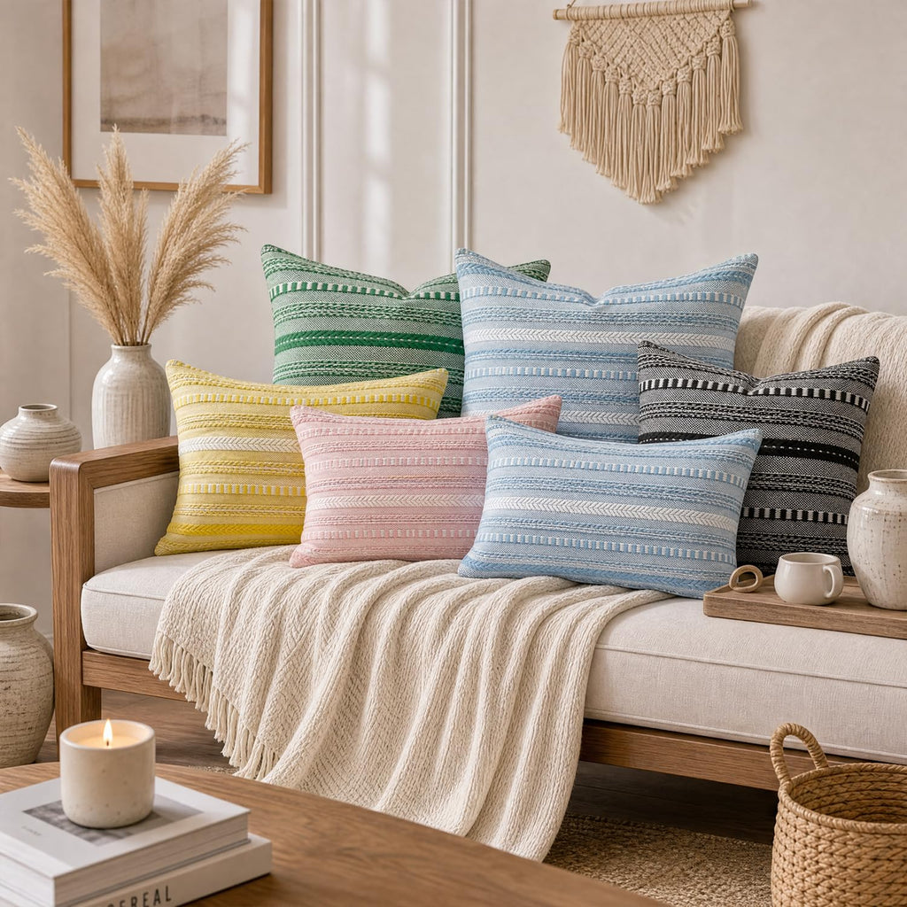 Light Brown Boho Decorative Throw Pillow Covers Set of 2, 20 x 20 Inch Woven Stripe Textured Rustic Cushion Case Home