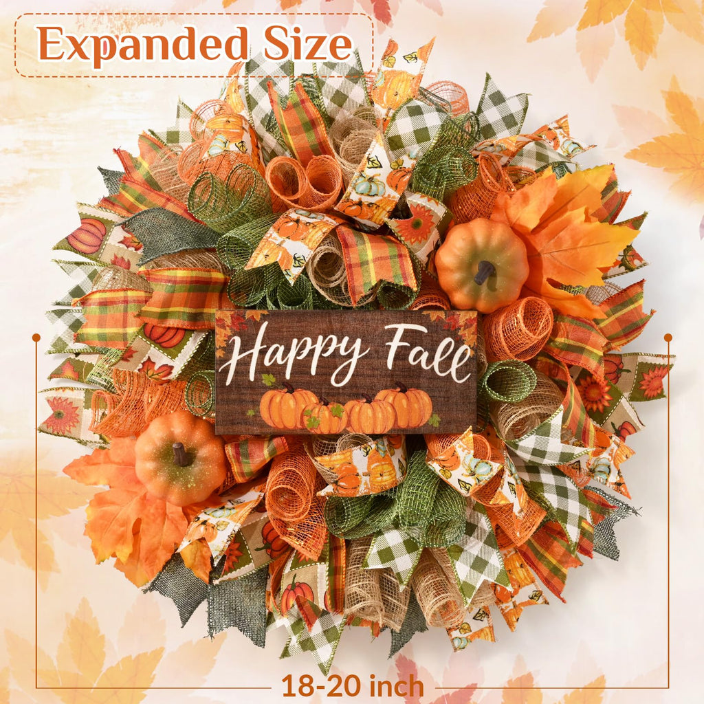 Fall Decor, Fall Wreaths for Front Door, 20" Wreath Mesh Bow with Wood Sign