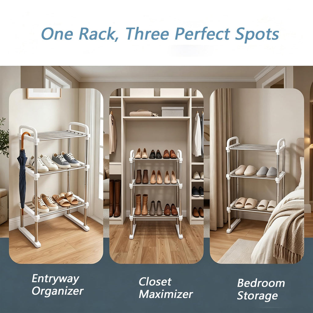 Expandable Shoe Rack, Adjustable Height Boot Organizer, 3-Tier