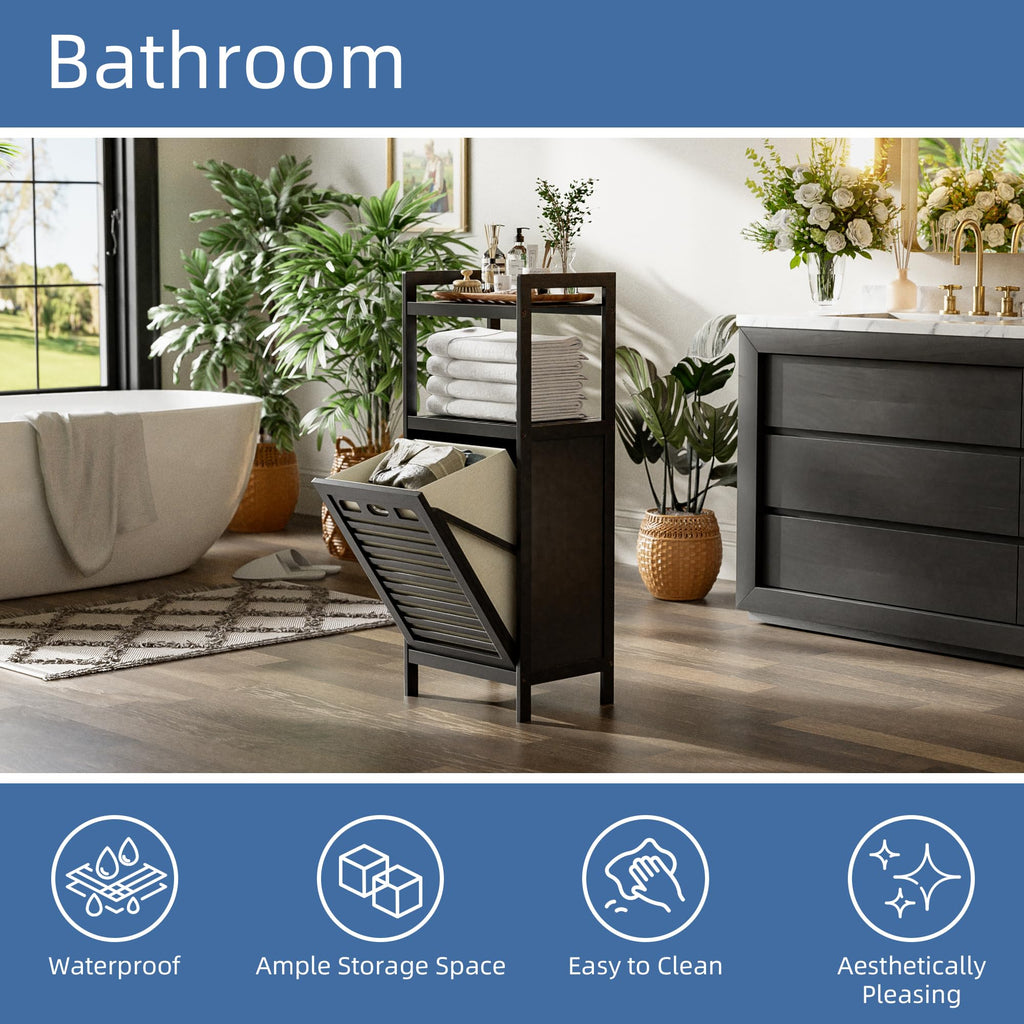 Tilt Out Laundry Hamper, Bamboo Bathroom Cabinet with Pull Out Removable Bag and 2 Tier Storage Shelves, 10 Gal