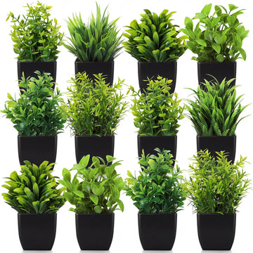 12 Pcs Small Fake Plants Artificial Faux Plants, Black Pot, Green
