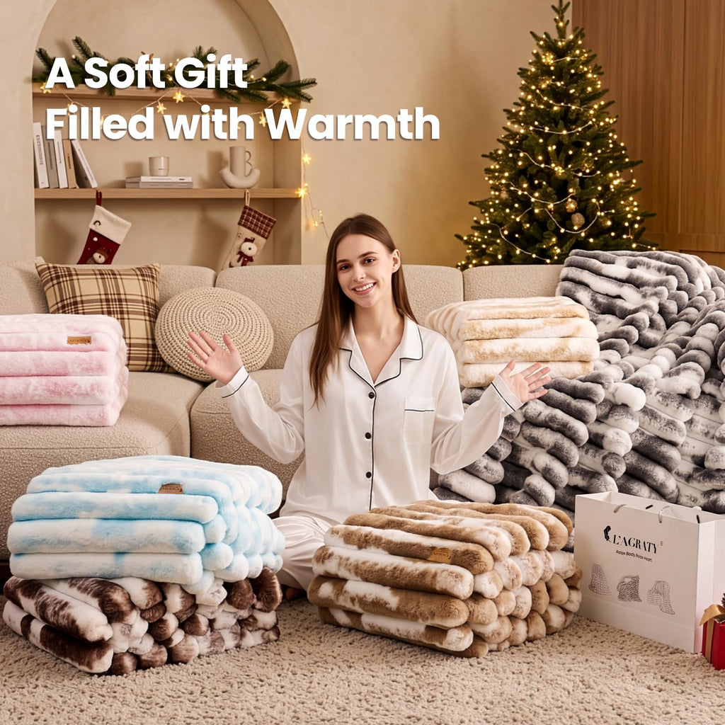 Faux Fur Throw Blanket for Couch, 3D Striped, 50x60 Inches, Taupe