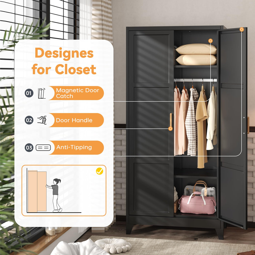 71" H Metal Wardrobe Cabinets with 2 Doors, Large Clothing Storage Cabinets with Hanging Rod and Adjustable Shelves
