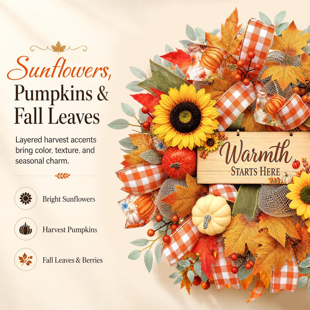 22 Inch Fall Wreaths for Front Door, Harvest Sunflower Wreath