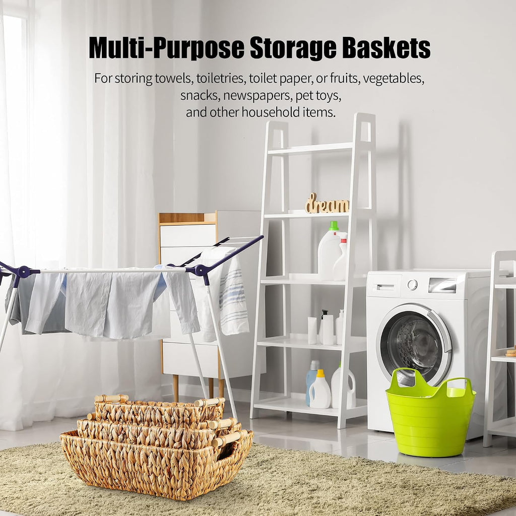 Woven Storage Baskets - Set of 3 Handwoven Water Hyacinth Wicker Baskets with Wooden Handles for Organizing