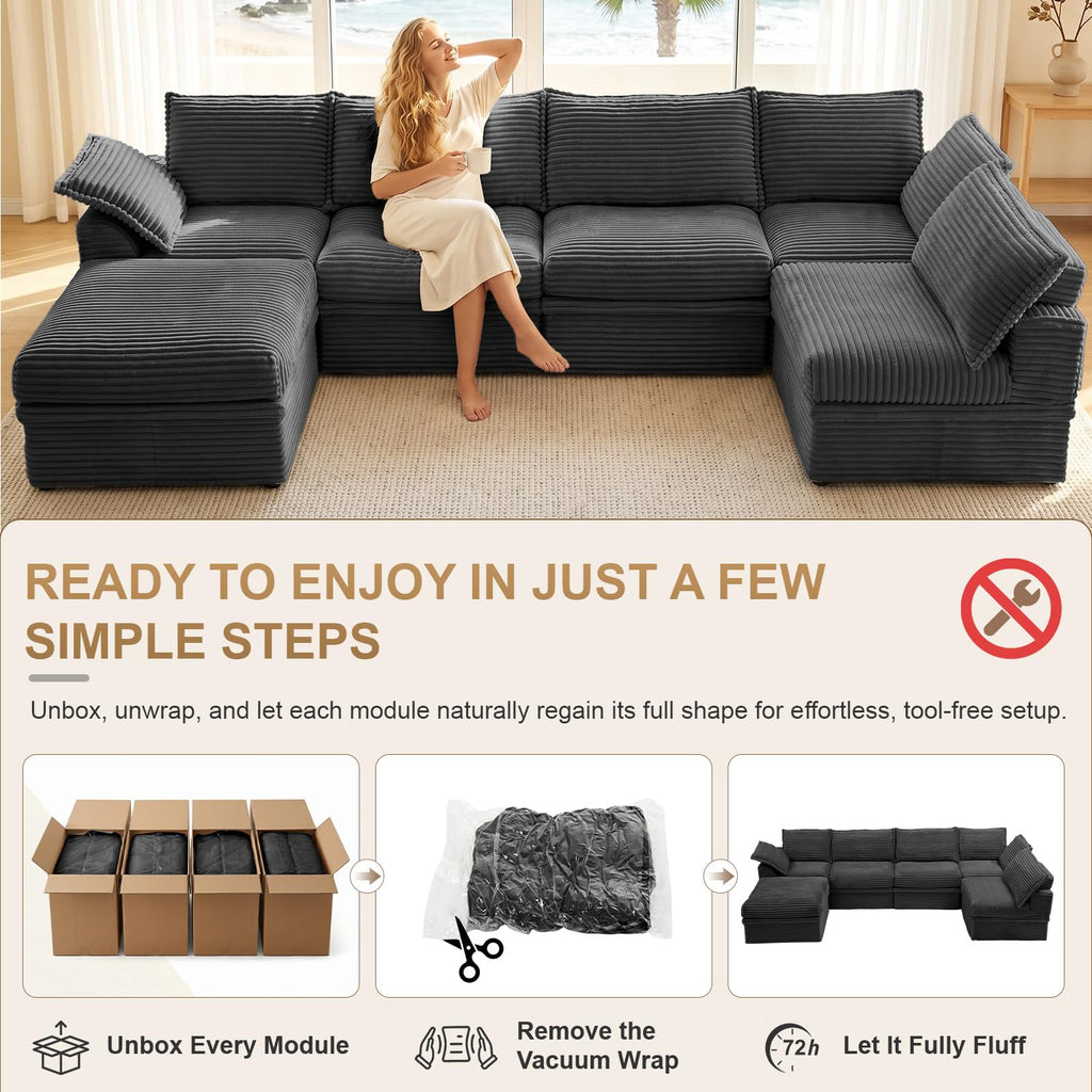 142" Oversized Modular Sectional Cloud Couches, Corduroy 6-Seat Large Upgraded Boneless Couch with Ottoman Chaise